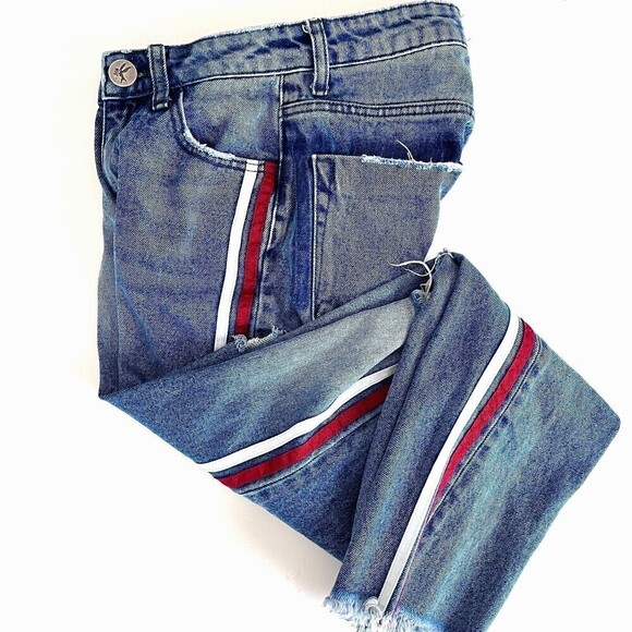 One X One Teaspoon Jeans Women 23 Blue Tuxedo Stripes Distressed Straight Grunge - Picture 10 of 10